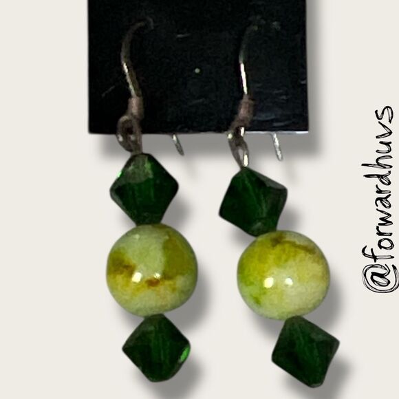 Bundle Sale 3 for $15 | Handmade Green & Yellow Marbled Bead Earrings - Picture 3 of 6